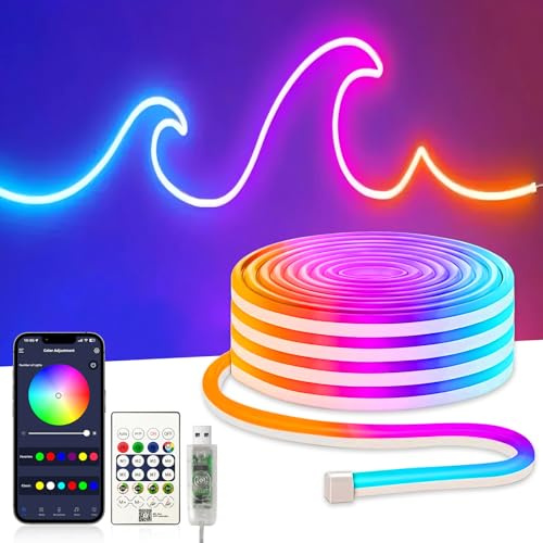ezmyma Neon Rubans LED 5M, Bandes LED RGBIC, Contrôle Intelligent par App, Flexible Étanche Découpable, Synchronisation Musique, Lmières LED DIY pour Chambre, Cuisine, Fête, Salon