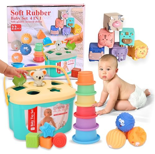 Babybaipro - Montessori babyleksaksset 4 i 1-22 pedagogiska sensoriska bitar - mjuka block, formsorterare, stapelbart torn - babygåva 6-12 månader, 1 år