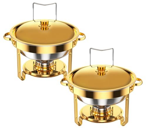 Rundes Chafing Dish Buffet Set 5L, 2pcs Edelstahl Warmhaltebehälter mit Gold-Silber Optik für Catering, Party und Hochzeiten, Gold/Silber