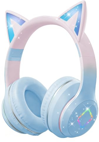 Caijin Casques Bluetooth Enfants, Oreilles de Chat LED, Bluetooth 5.3 Stéréo, Bandeau Réglable, Limite de Volume 85dB, Pliables, Modes Carte TF/Fil/Bluetooth, Compatibles PC, Téléphone, iPad