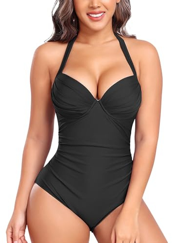 NLAND Maillot de Bain Une Pièce Femme Col en V Push Up Contrôle du Ventre Elégant Maillot Une Pièce pour Femme Dos Nu avec Plis