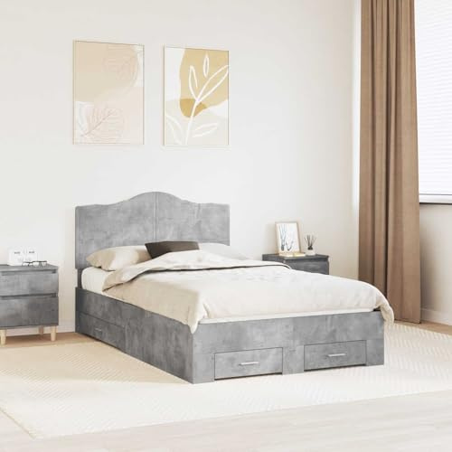 kithwjll Concrete Grey Headboard Bed Frame 135 x 190 cm Wood Composite Double Bed Frame with Built-In Drawers Modern Design