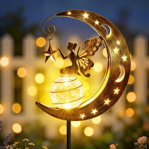 Ollny Solar Lights Garden Ornaments Outdoor, Moon Fairy Light | Warm White LED Crackle Glass Ball, Waterproof Metal Decorations Lighting Balcony Patio Pathway Lawn & Women Gardening Gifts