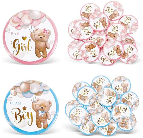 Targonix 30 piezas de pines Gender Reveal, 2 variantes de diseño, 3,8 cm de diámetro, accesorios interactivos para fiestas de revelación de género, regalos para invitados y juegos de baby shower