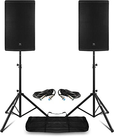Power Dynamics PD415A Bluetooth Active Speakers Pair with Stands, Bag & XLR Cables - DJ PA System Package, PA Sound Setup for Live Band, Ideal for Disco Events and Parties