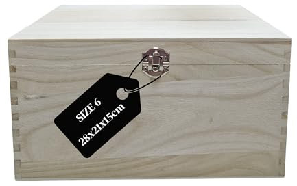 Filoro Plain Wooden Box Hinged Lid for Memory Keepsake Storage - Paint Decorate Customise for Creative DIY Craft - Trinket Jewellery Treasure Chest - Silver Clasp Lock – Large Size 6 (28 x 21 x 15cm)
