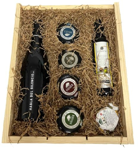 Aguinaldo Navidad con Vino Habla del Silencio, cesta gourmet para regalar en caja de madera con vino, aceite, cremas de untar y mermelada.