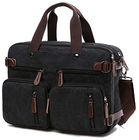 CROCOD 3 In 1 Canvas Convertible Laptop Bag for Men Women, 17.3 inch Laptop Messenger Bag Work Briefcase, Computer Shoulder Bag for Travel Business Office (17.3 Inch, Black)