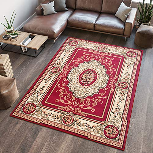TAPISO Atlas Teppich Kurzflor Creme Rot Klassisch Floral 160 x 230 cm | Wohnzimmer Klassisch Schlafzimmer Traditioneller Teppich für Wohnzimmer Esszimmer OEKO-TEX