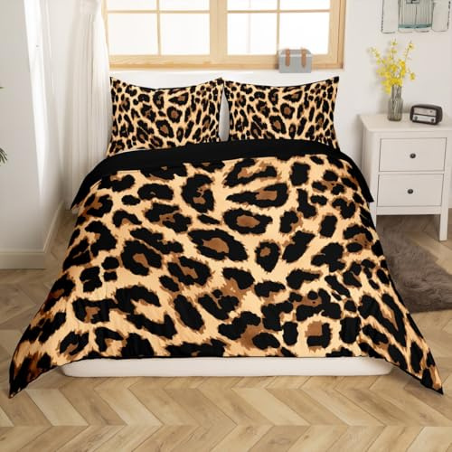 Feelyou Black Brown Leopard Print Comforter Cover Set King Size Women Cheetah Print Duvet Cover Set Men Africa Animal Wildlife Bedding Kids Girls Home Room Soft Bed (No Comforter)
