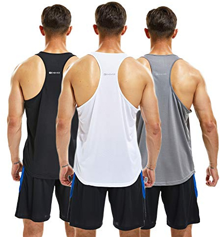 frueo 3 Pack Running Muscle Tank Top for Men Quick Dry Workout Sleeveless Tops Breathable Y-Back Shirts Training Bodybuilding Vests (20418) Black Gray White-L