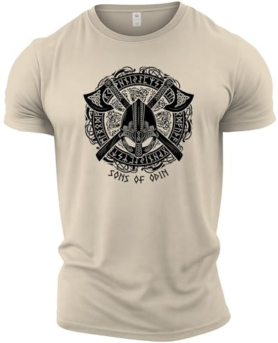 GYMTIER Sons of Odin - Casque Vikings - T-shirt de gym pour homme, entraînement de musculation, haut de levage, sable, M