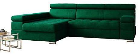 Möbel48 Paulo Ecksofa mit Schlaffunktion, großes Sofa, Ecksofa mit Bettkasten, Ecksofa in L-Form (Links Ottomane, hochwertiger Stoff) (Grün), 260 x 162, PauloMonR01