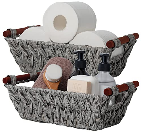 GRANNY SAYS Aufbewahrungskörbe für Regale, 2 Stück Körbe Aufbewahrung Geflochten, Regalkörbe mit Holzgriffen Aufbewahrung Badezimmer, Körbe Handgeflochtene, Wicker Storage Baskets for Shelf - Grau