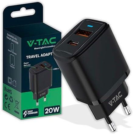 V-TAC Caricatore Rapido 20W con Porta USB-C e USB Type A - Ultra Veloce per Iphone 12/13/14/15 PRO/MAX, Samsung Galaxy S21/S22/S23 e Altri Smartphone e Dispositivi