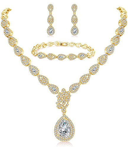 Deyanse Hochzeit Schmuckset, Träne Halskette & Ohrringe Hängend & Armband Set, Silber/Rosegold/Gold Braut Damen Schmuckset mit AAAAA Weiß Zirkonia in Verlobung für Braut Liebhaber Frauen