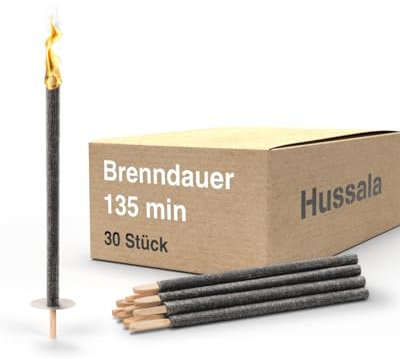 Hussala Diamond Wachsfackeln [30 Stück / 135 min] mit Holzstab und Tropschutz, Garten Fackeln aus Diamond-Wachs
