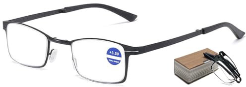 Lanomi Vintage Metall Faltbar Lesebrille klappbar Blaulichtfilter Lesehilfe Sehhilfe UV400 Schutz Rechteckig Computer Brille mit Etui Schwarz 1.0