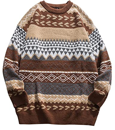 Herr höst vinter vintage randig tröja pullover sweatshirt överdimensionerad långärmad vardaglig jumper stickade pullovers toppar., Brun, M