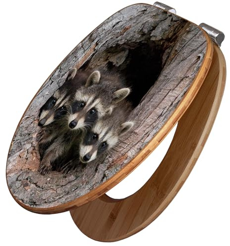 banjado Design WC Sitz Bambus Absenkautomatik 45,8x37,5cm - Toilettendeckel mit Absenkautomatik Holz - hochwertiger Bambus Klodeckel - WC-Sitz für gängigen Toiletten - Motiv Drei Waschbären