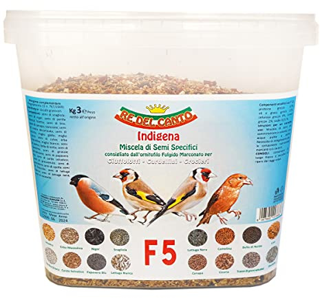 Re del Canto, F5 Indigena - Pack 3kg - Miscela semi specifici - Mangime cardellini, ciuffolotti, crocieri, spinus, 1 confezione