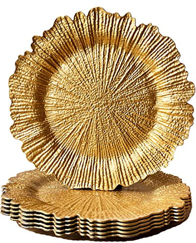 UOEKCS 13 Gold Charger Plates,Plastic Reef Plate Chargers for Dinner Plates for Wedding,Events,Party,Tabletop Decor.(Set of 6)