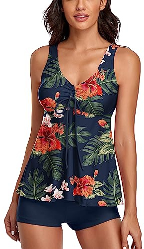 wihnsinop Tankini Damen Bauchweg Badeanzug Push Up Oberteil mit Badeshorts Bademode Set Zweiteiler Sommer Drucken Badeanzüge für Damen Strand Ferien Freizeit