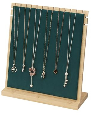 Justsoso Bambus-Halskettenständer, Holz-Schmuck-Halter, Ketten-Schmuckregal, Organizer, Tisch-Ausstellungstafeln für Zuhause oder Geschäft, Verkaufsshow (dunkelgrüner Samt)