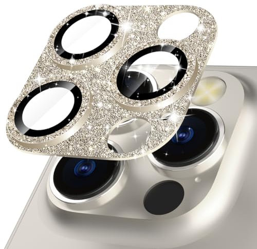 imluckies Protection Objectif Caméra Arrière pour iPhone 15 Pro/iPhone 15 Pro Max, Anneau Métallique Brillant, Anti-Rayures Verre Trempé Caméra Lentille Protecteur, Pailleté Or