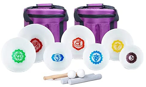 Juego de 7 cuencos de cuarzo esmerilado Paternoster de 6 a 12 pulgadas for yoga, meditación de curación de sonido, instrumento de curación de chakras con 2 fundas de transporte y exquisita alfombrilla