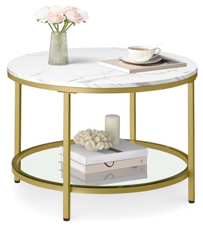 VASAGLE Table Basse, Table de Salon, Façon Marbre, Support en Verre Trempé, Facile à Assembler, Style Moderne, Blanc Marbré et Doré Clair LCT072W59