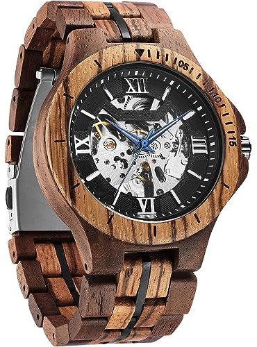 FORSINING Men's Solid Wood Mechanical Skeleton Watch, Vintage Wooden Band with Hollow Dial Wristwatch, Automatic Self-Wind Men Watches, Brown Black
