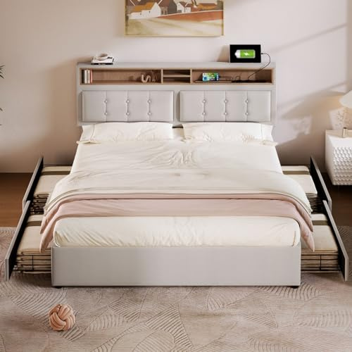 Sweiko Rembourré Cadres de lit 160x200cm,Lit Double en Bois Massif avec tiroirs et sommier à Lattes,lit Rangement avec tête de lit réglable en Hauteur et sommier à Lattes en Bois (sans Matelas) Beige