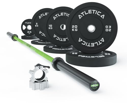 ATLETICA Delta HighRep hantelstänger, set, Delta hybrid skivstång | 75 kg hantelskivor | hantellås i aluminium | för tyngdlyftning, powerlifting och CrossFit Delta hybrid skivstång färg elektrisk grön