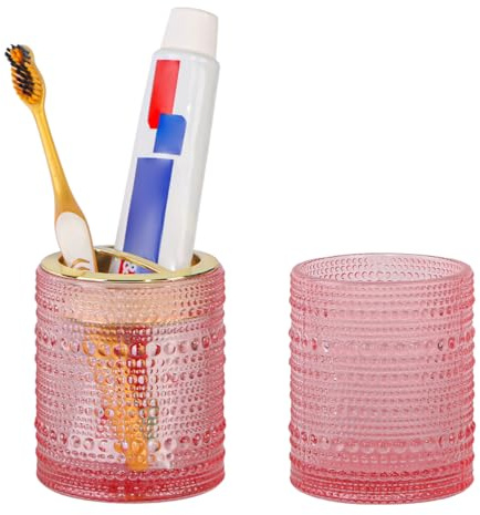 Tonxus Pink Toothbrush Holders, 2pcs Glass Toothbrush Holder Set, 10oz Bathroom Tumbler Cup, Gold Tooth Brush Holder Storage Cup Organizer for Bathroom Accessories, Brushes,Toothpaste,Razor