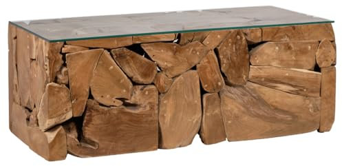 Meubletmoi Table Basse 60 x 120 cm en Bois de Teck avec Plateau en Verre Trempé - Style Naturel et Exotique - TEKKU 2