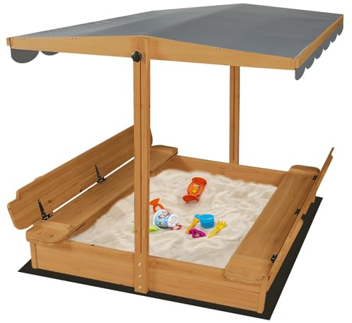 RUNSHED Wooden Sandbox with Lid & Canopy Cover, 48x48 Large Outdoor Sand Box for Kids Ages 4-8, with Foldable Bench Seats, UV-Resistant & Adjustable Height Roof & Bottom Liner