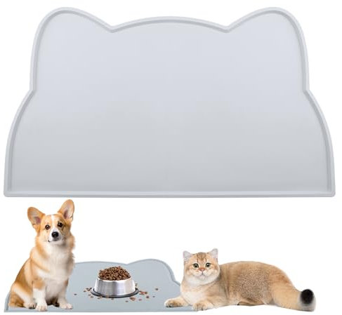 Napfunterlage Silikon für Katzen und Kleine Hunde, Wasserdicht und rutschfest Haustier Futtermatten, Futtermatte für sicheres Essen mit Rand, Süße Katzenkopfform Dunkelgrau, 44 x 25 cm
