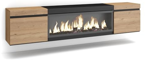 Skraut Home | TV-Schrank, Lowboard | für Wohnzimmer und Esszimmer | 210 | Für TV-Geräte bis zu 80 | Elektrokamin XXL | Hängend | Moderner Stil | Eiche Schwarz