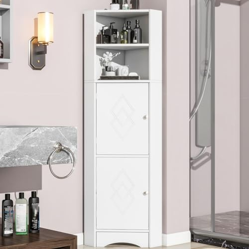 KOMHTOM Meuble d'angle Rangement Salle de Bain Blanc avec 2 Portes et 2 étagères Ouvertes, Meuble de Rangement pour Salon Chambre à Coucher Salle de Bain (Blanc)