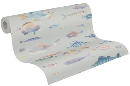 A.S. Création Vliestapete mit Tiermotiv Fischmuster 10,05m x 0,53 m - Grau, Bunt, Violett - Tapete mit Fischen Mustertapete Made in Germany 396964