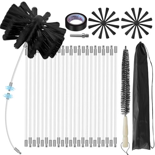 30Feet Chimney Sweep Kit - 6 in Brush Head, Dryer Vent Cleaner, Rotary Cleaning System for Flue/Fireplace/Sewage Pipe/Hood With 23 Nylon Flexible Rods