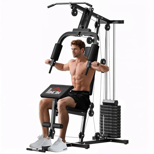 HOMCOM Power Tower con Seduta e Schienale Imbottiti Pesi da 65 kg, Stazione Fitness con Chest Press, Butterfly, Leg Curl, Dischi e Barra per Trazioni e Dip per Home Gym Casa, 135x103x210cm, Nero