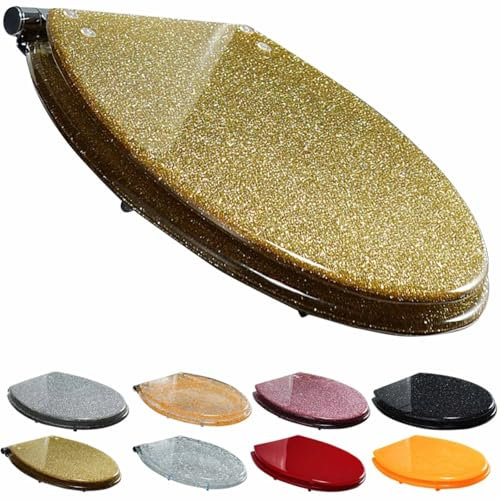 WC-Sitz Heavy Duty Glitzer-Toilettensitz Soft Close mit Schnellverschluss, Einfache Befestigung Oben/unten, Klobrille Harzmaterial(Gold)