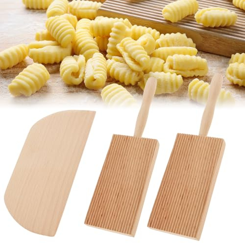 2Pcs Gnocchi Board Set, 4.7inch Beech Wood Pasta Board with Dough Scraper, Reusable Gnocchi Paddle Pasta Making Tools, Portable Gnocchi Maker Pasta Making Accessories for Homemade Pasta