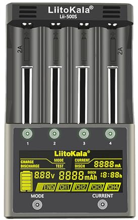 Glaxcidy LiitoKala Lii-500S Cargador Batería Salida móvil USB de 5V, para 14500 18650 26650 Li-Lion, AA AAA Ni-MH,Modo de Prueba/Descarga, con Pantalla táctil LCD, Adaptador de 12V 3A, 4 Bahías