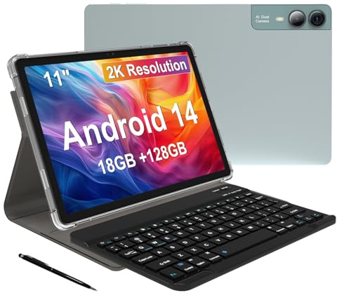 Tableta de 11 pulgadas Android 14 2000 x 1200 2K Tablet PC, T616 Octa-Core 2.0GHz, 18GB RAM 128GB ROM 1TB ampliable, 5+5+13MP AI Camera, 9000mAh, 5G WiFi, con teclado, funda, 4 altavoces, verde