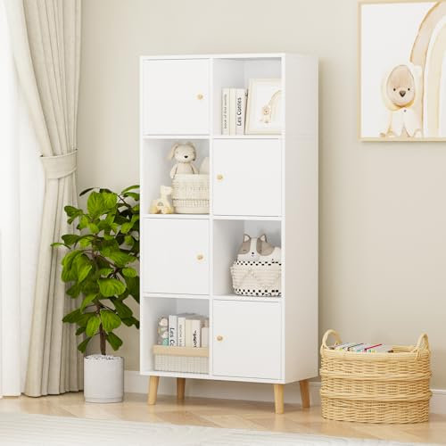 HaodaCulture Bücherregal mit 8 Fächern, Bücherschrank Standregal, Offenes Fach Und Schublade, Würfelregal Standregal weiß, Regal mit Türen, Bücher Regal Weiß Modern Style, 64,5x30x138 cm