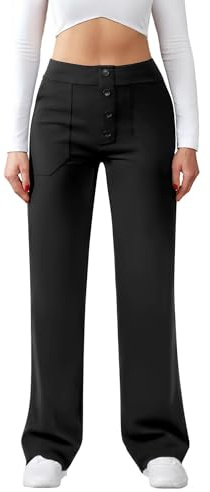 Friptspyg Pantalon Femme Taille Haute Large Bouton Jambe Droite Casual Travail Stretch de Yoga avec Poches,Noir XL