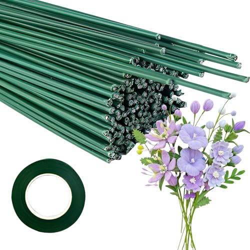 Xmart 150 stück Steckdraht Floristik Drahtstäbe zum Basteln Länge 30cm Durchmesser 2mm Blumenstieldraht Blumendraht Stäbe Grün Blumenstamm Draht mit 1 Rolle Klebeband für Handwerk Kranz Blumenstrauß